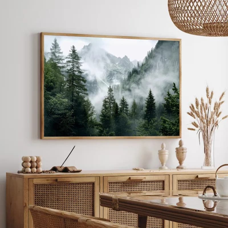 Natural Mountain Foggy Green Forest Canvas Wall Art Painting for Bedroom Office Living Room Poster and Prints Pictures Frameless