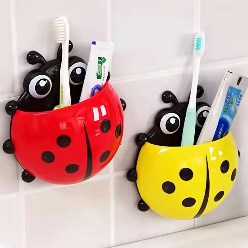 2pcs Cute Cartoon Wall-mounted Toothbrush Holder, No-punch Storage Rack, Funny Seven-star Ladybug Bathroom Organizer