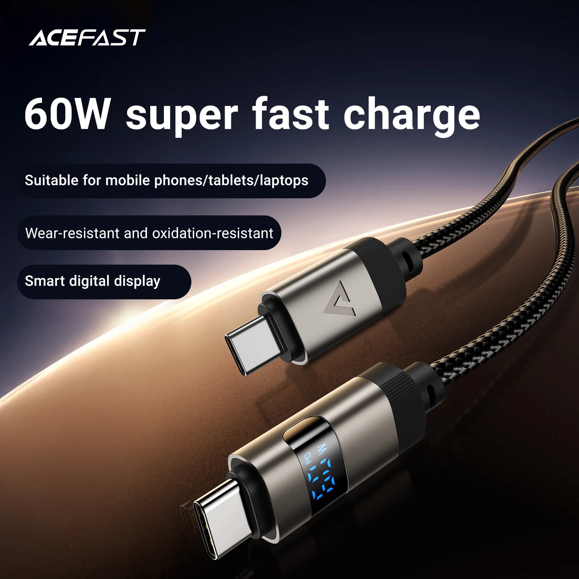 ACEFAST Durevole USB C a C 3A Cavo di Ricarica Veloce Del Telefono Per Samsung S23 S24 60W Display Digitale A LED 1.2M Cavo Per Notebook