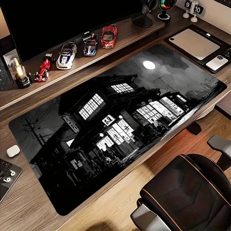 Tappetino per Mouse da Gaming Grande con Scena Notturna Giapponese in Bianco e Nero, Base in Gomma Resistente, Tappetino da Scrivania per Ufficio e Gaming