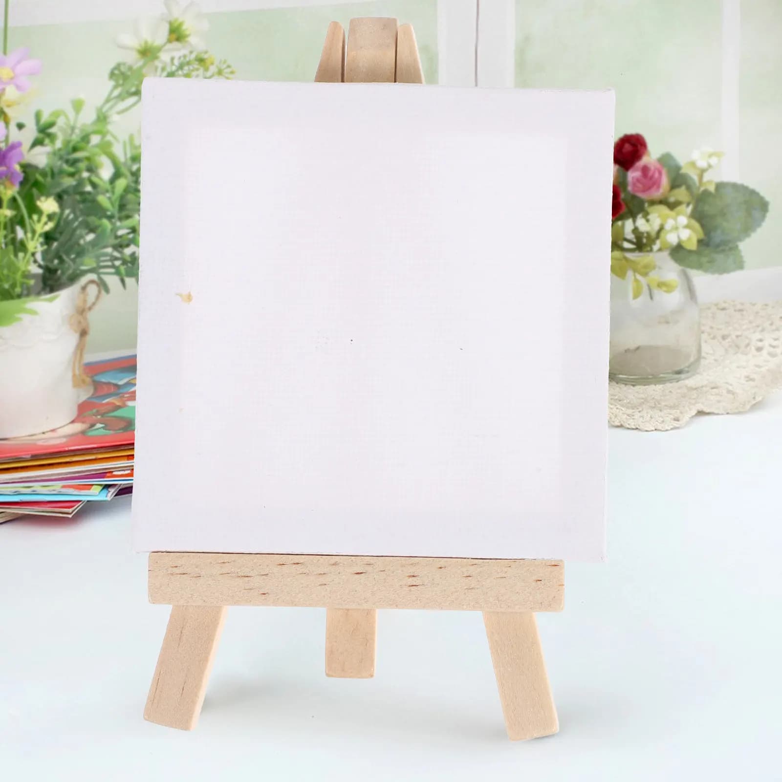 6Sets Wooden Mini Easel Set White Stretched Artist Canvas Boards Painting Set for Creative Art Crafts Home Table