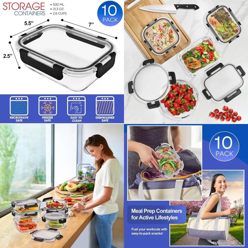 Set di 20 contenitori per la preparazione dei pasti in vetro - 10 contenitori, 21,3 once, coperchi ermetici, congelatore, lavastoviglie, adatti al forno