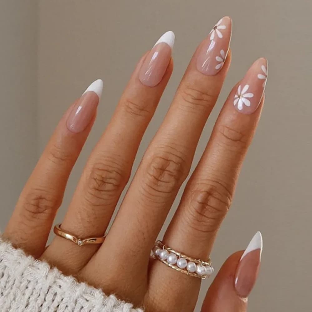 24 Fine Nails in Mandorla with Reason Margherita, Complete Cover, Waterproof Acrylic Nails, Reusable, Press-On
