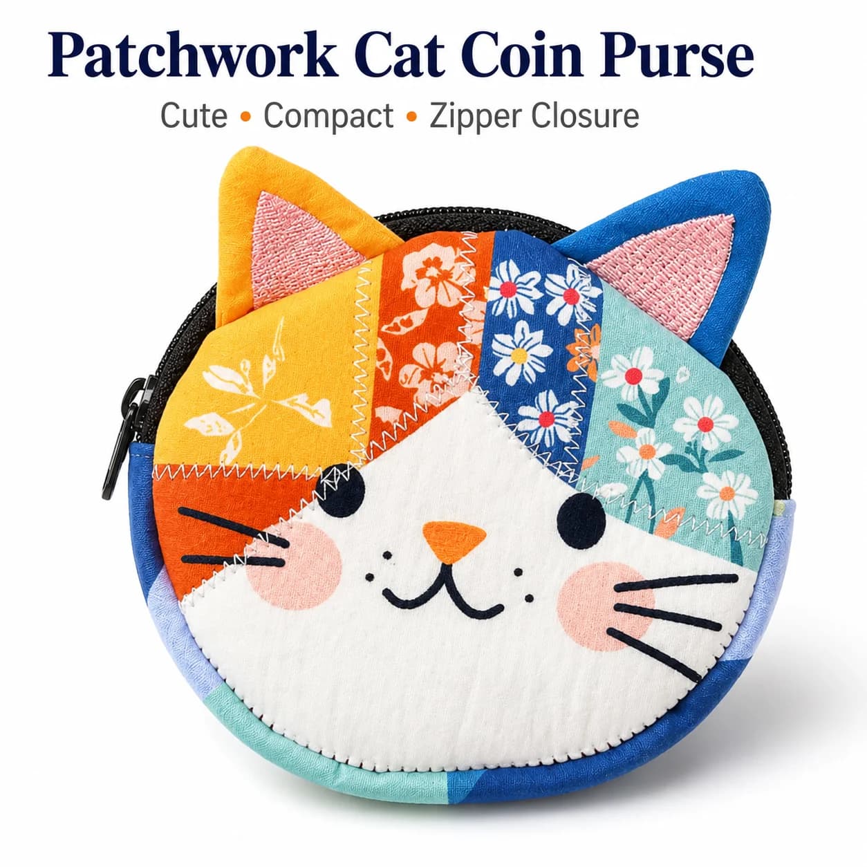 1pc Patchwork Floral Cat Coin Purse Cute Cartoon Cat Mini Zipper Wallet Compact Fabric Change Pouch Small Card Key Storage Bag For Women Girls Daily Use