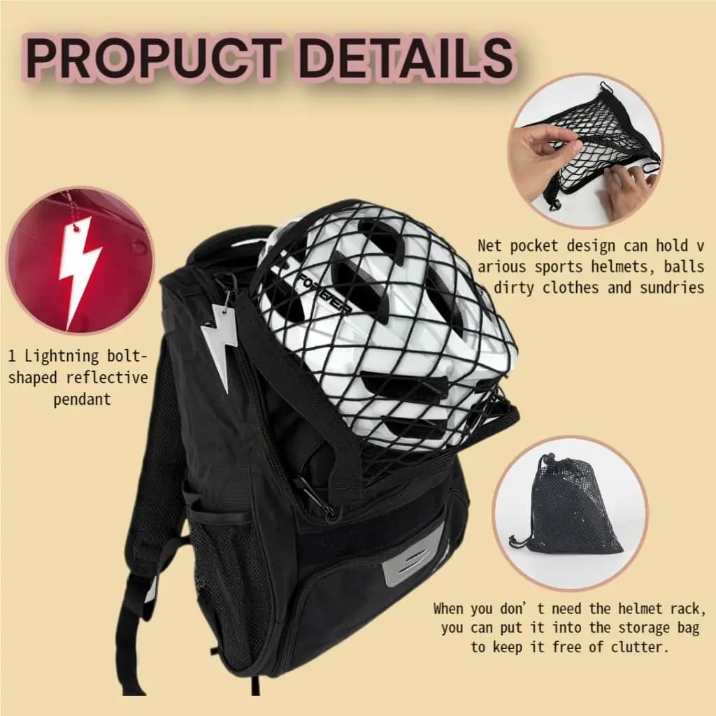 Sports Backpack Helmet Hanger Mesh Storage Bag Elastic Storage Net 4 Carabiners Helmet Holder Backpack Accessory