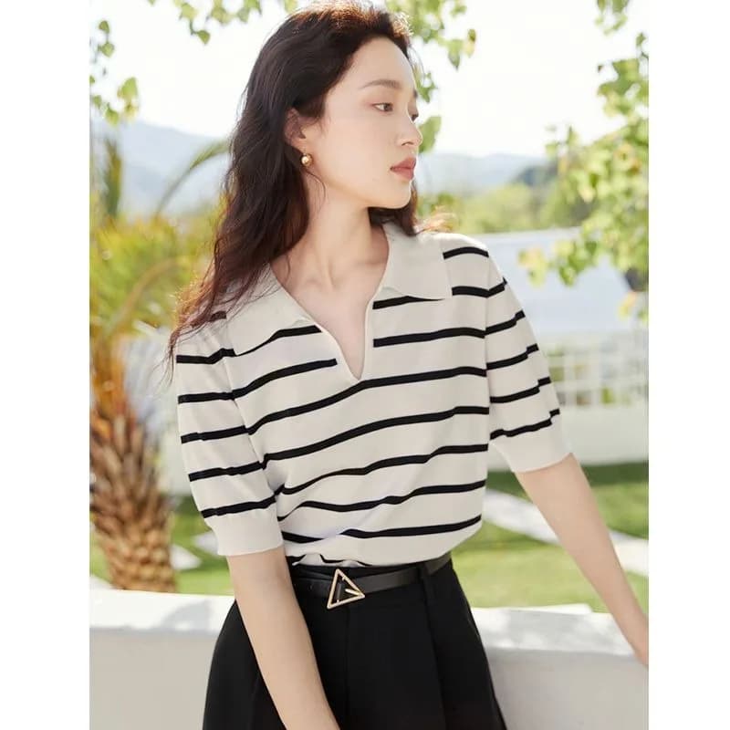 Women's Black White Striped Polo Top Puff Sleeve Knit Blouse Sweaters Pullovers