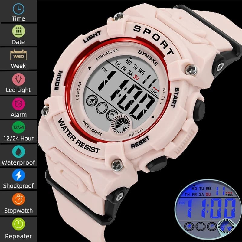Synoke Shock Digital Sport Watch Fashion PU Strap 50M Women's Wrist Watch With Waterproof Colorful Light Chronograph