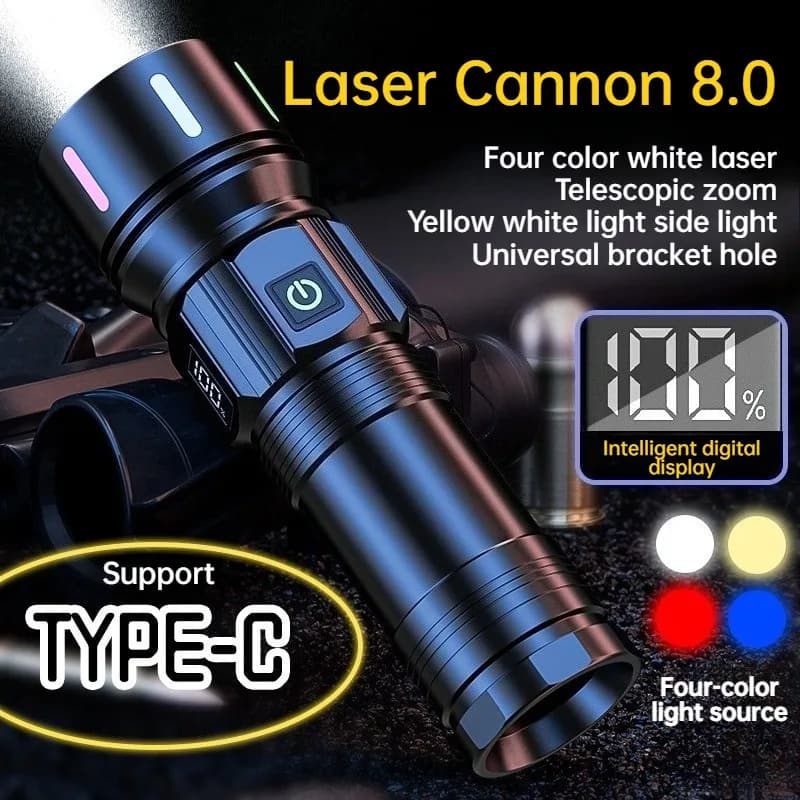 Torcia LED ad Alta Luminosità con Zoom Telescopico, Lampada Ricaricabile USB, Lanterna da Campeggio, per Pattugliamento Notturno e Pesca
