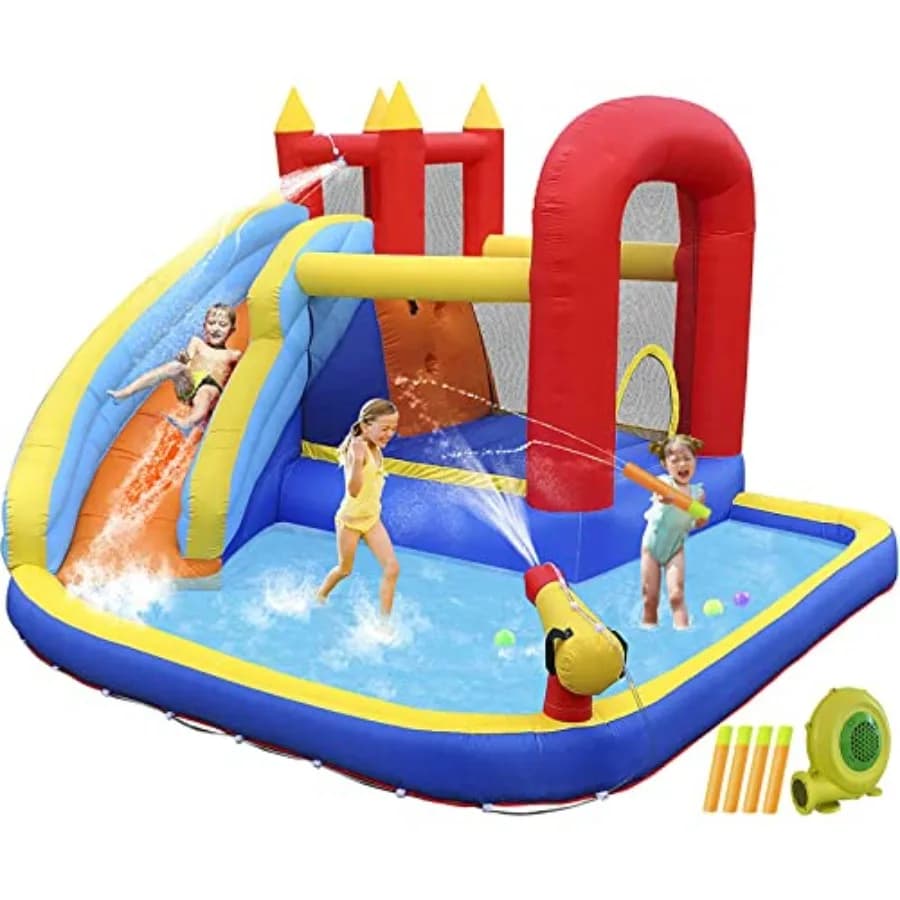 Scivolo acquatico gonfiabile da interno/esterno per giardino con piscina, area di salto, parete da arrampicata, canestro da basket e soffiatore da 450W