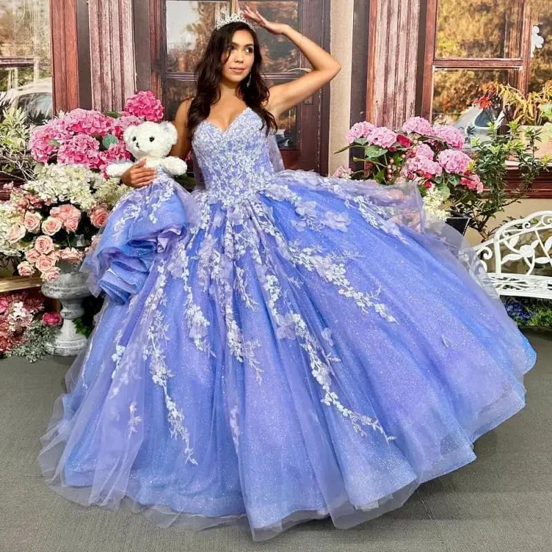 Abiti Quinceanera blu personalizzati Appliques senza maniche con lacci Scollo a V senza spalline Abito da ballo formale da principessa
