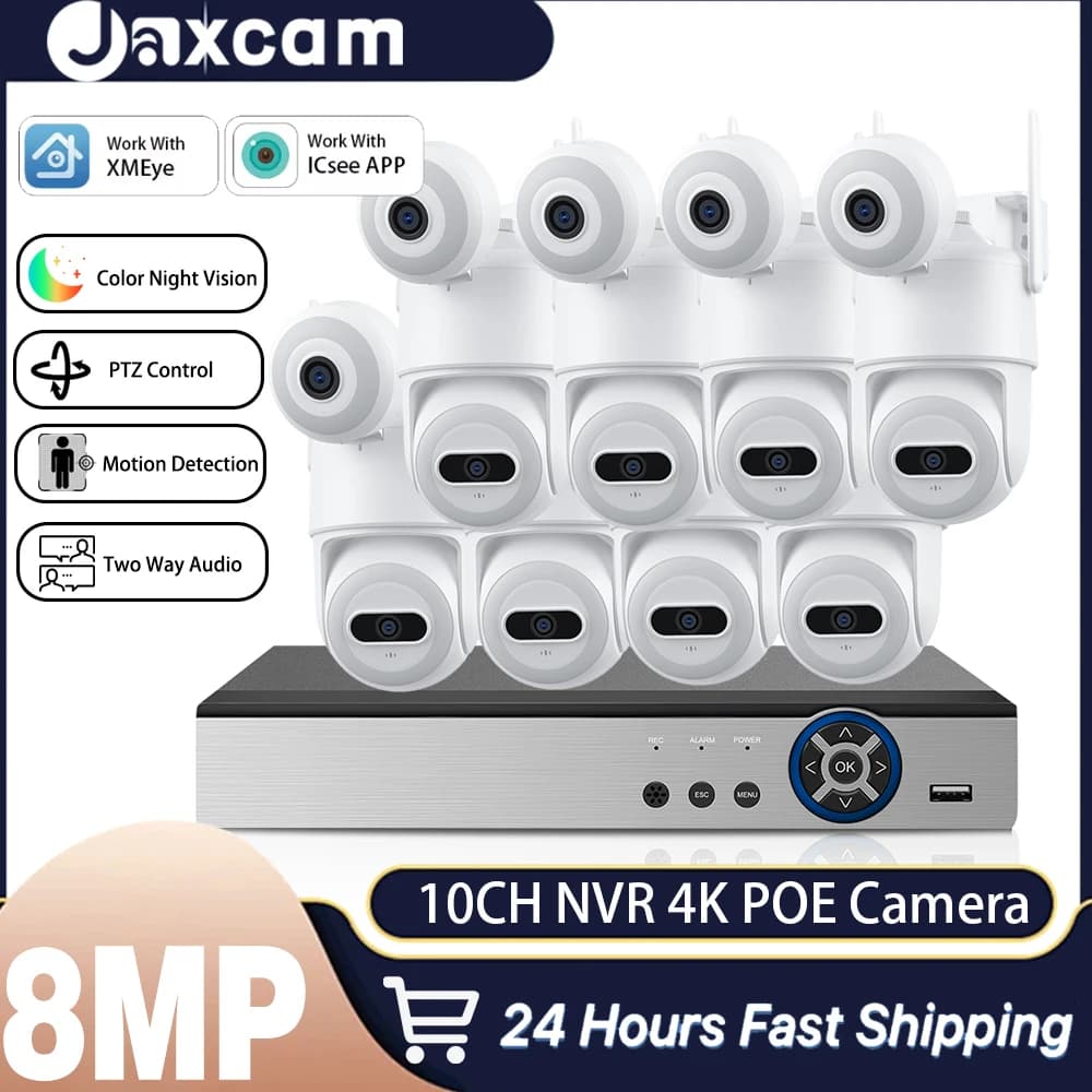 Kit di Videosorveglianza XMEYE APP 4K 10CH 8CH POE NVR 8MP HD con Telecamera Impermeabile a Doppia Lente PTZ, Sistema di Sicurezza IP Domestico H.265 CCTV