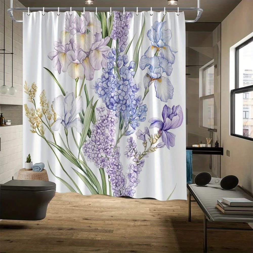 Tenda da doccia con iride alla lavanda e non dimenticati - Iride alla lavanda pallida, blu Forget-Me-Nots, gigli bianchi, poliestere anti-sbiadimento