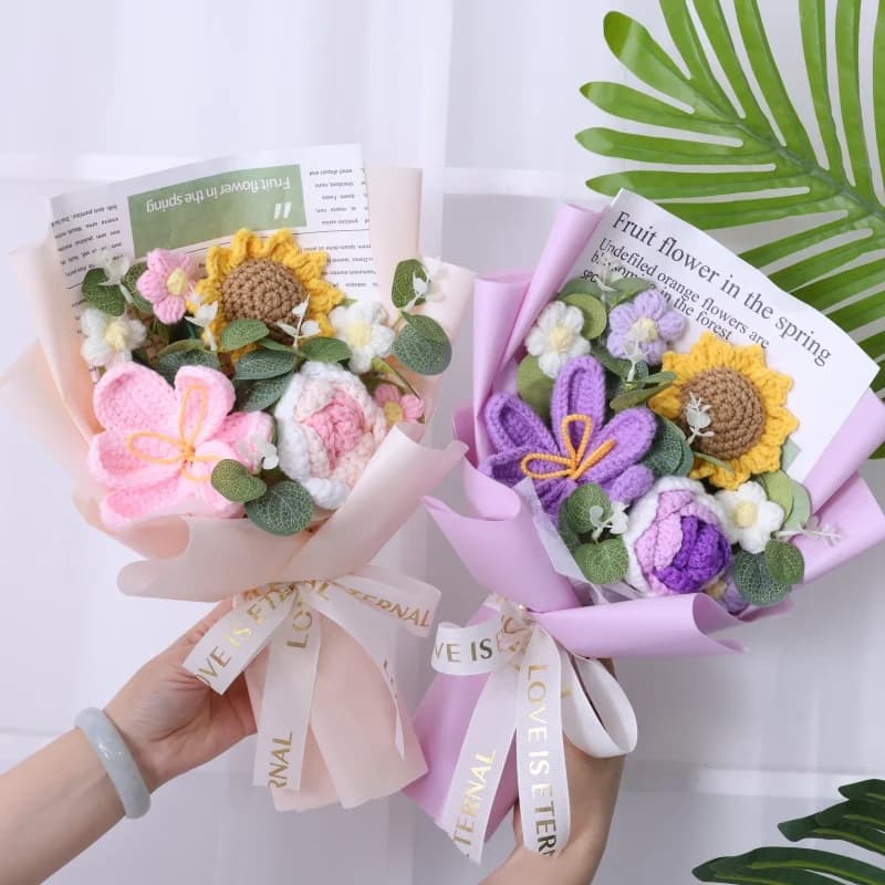 Artificial Flowers Bouquet: Roses, Sunflowers, Tulips, Wool Decorations Crochet, Birthday Gift and Valentine's Day Gift