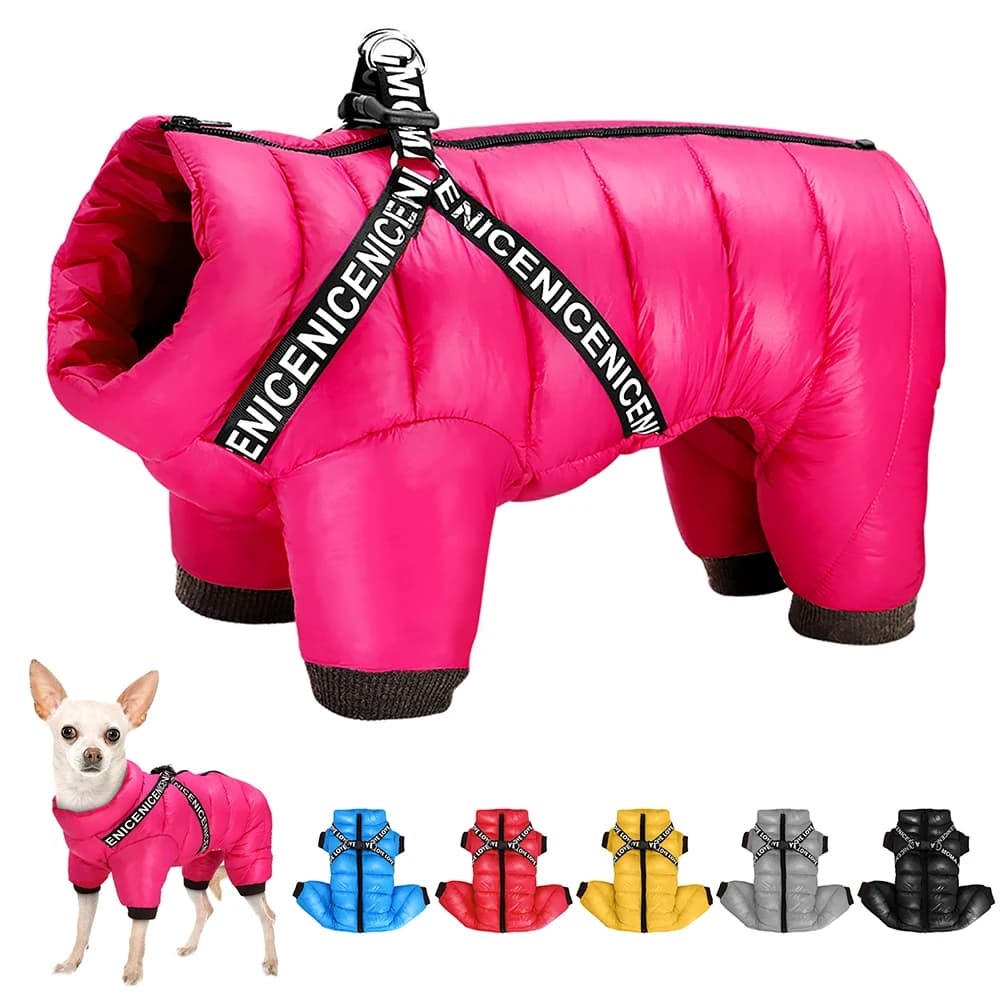 Abbigliamento invernale per cani cappotto per giacca per cani Super caldo con imbracatura abbigliamento per cuccioli impermeabile felpe con cappuccio per cani di piccola taglia media