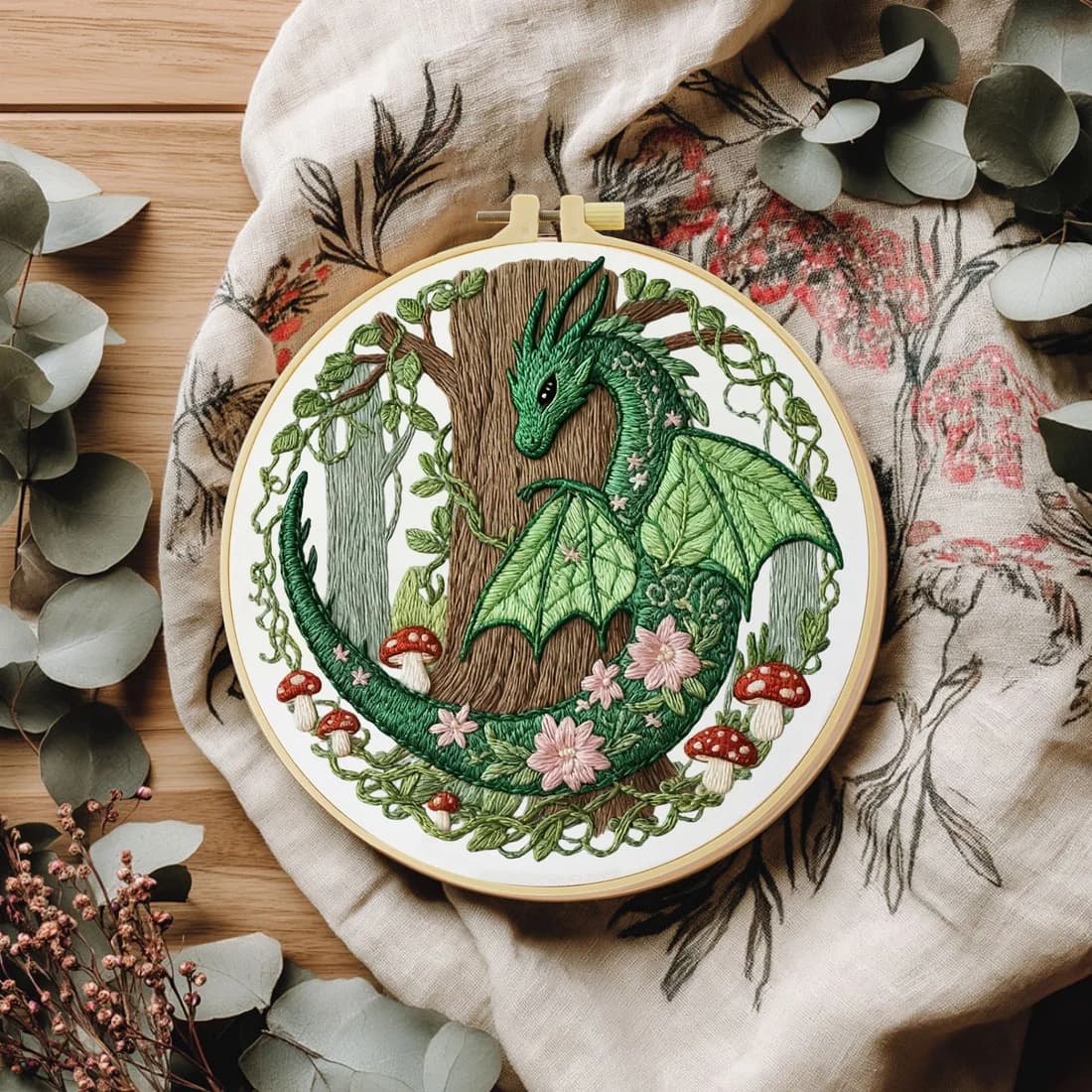Kit per Principianti di Ricamo Drago Verde 20X20CM/15X15CM, Set Fai-da-Te per Punto Croce e Arte del Cucito, Idea Regalo