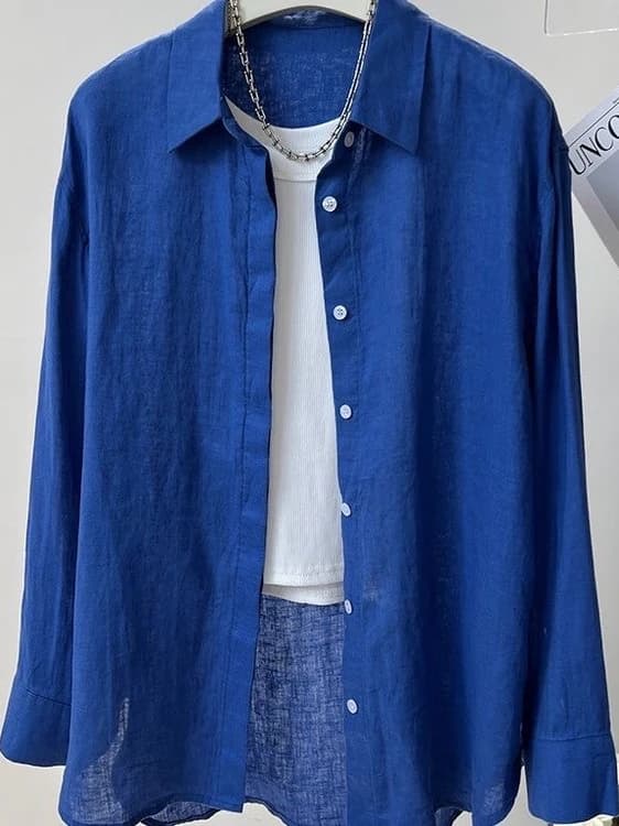 Blue Linen Cotton Women's Shirt Loose Fit Summer New Style Sun Protection Slimming Top Collar Long Sleeve Regular Length