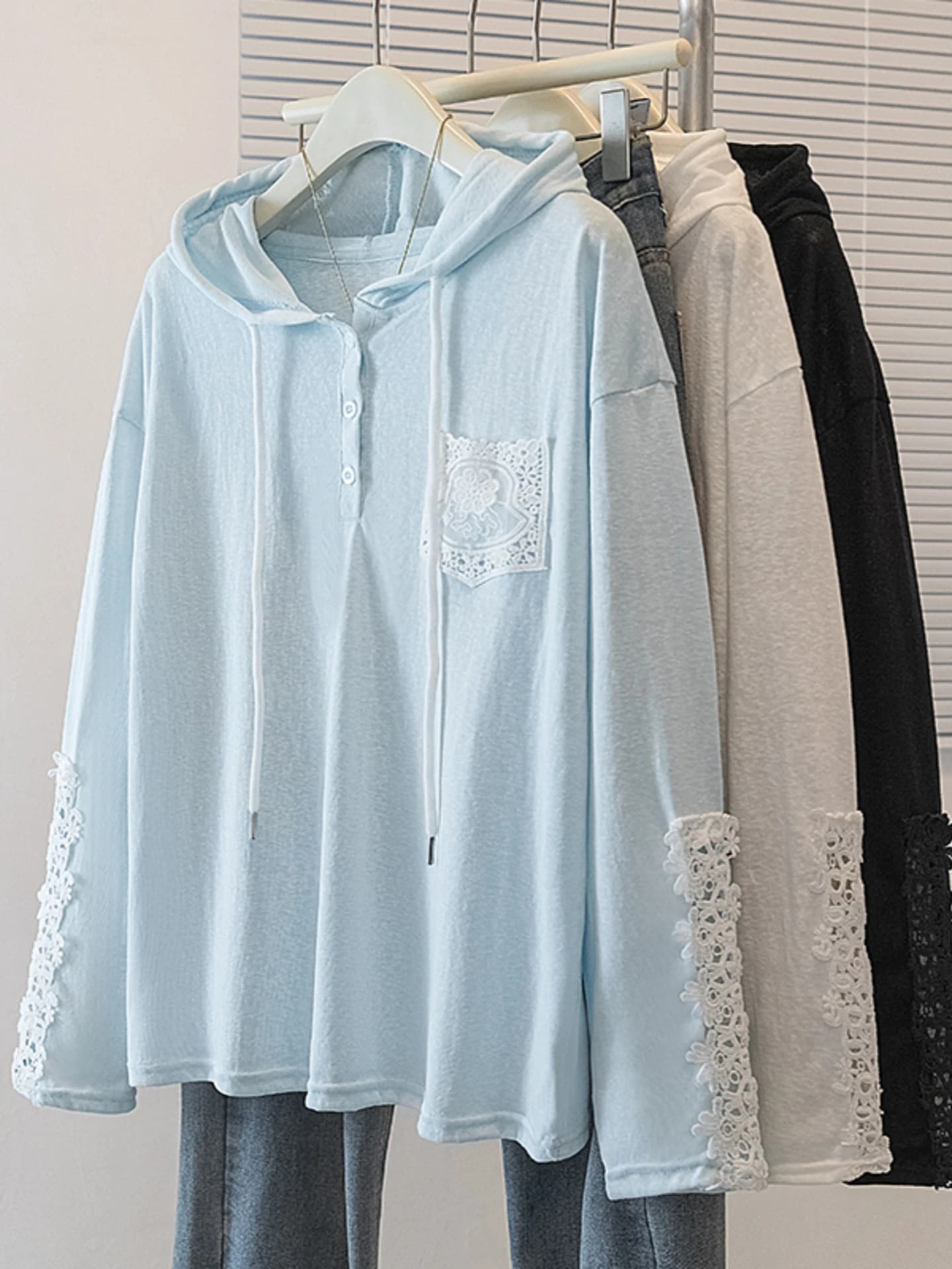 Lace Splice Long Sleeve Hoodie Women's Base Shirt Spring Autumn plus Size Loose Belly Covering Slimming Top Korean Style