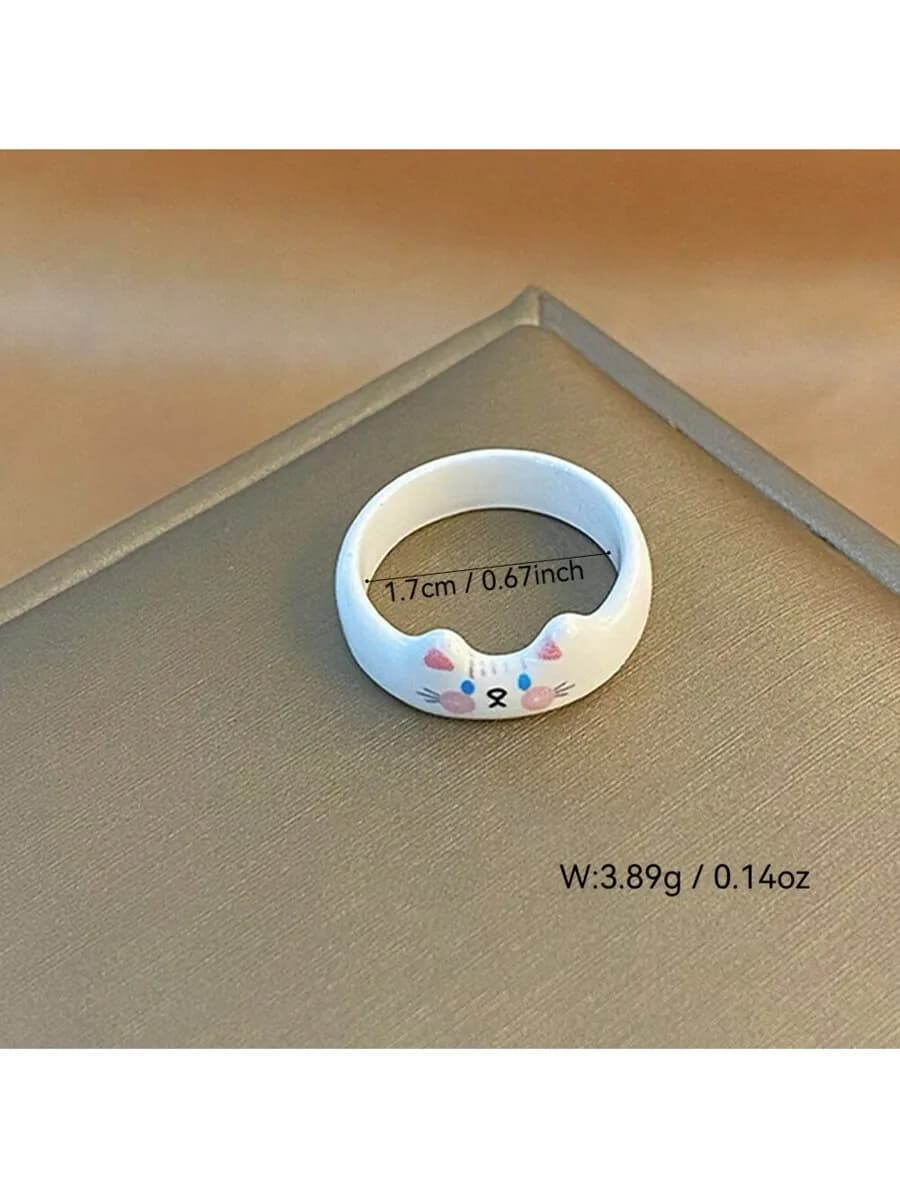 Anello smaltato con faccina di gatto in argilla polimerica bianca, gioiello boho chic per tutti i giorni o per viaggiare, leggero 3,89 g, idea regalo