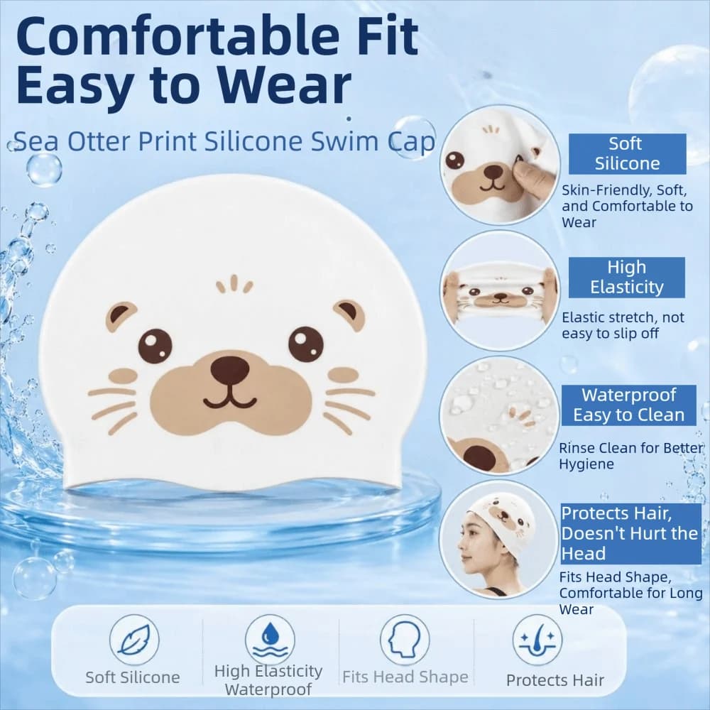 Creative Swimming Hat Funny Sea Otter Pattern Bathing Caps Ear Protection High Elasticity Diving Hat Swimming Pool