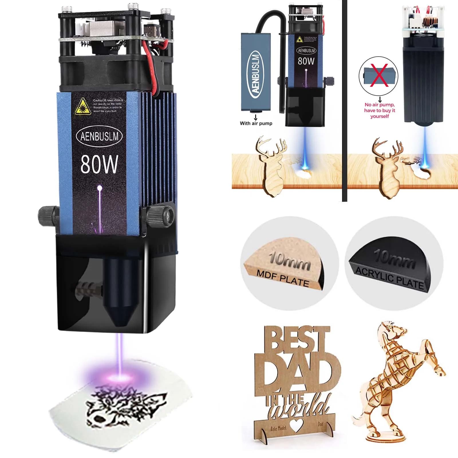 AENBUSLM 40W 80W Modulo di Taglio Laser 450mm Testa di Incisione Laser a Luce Blu con Air Assist CNC Incisione Laser Taglierina per la Lavorazione del Legno