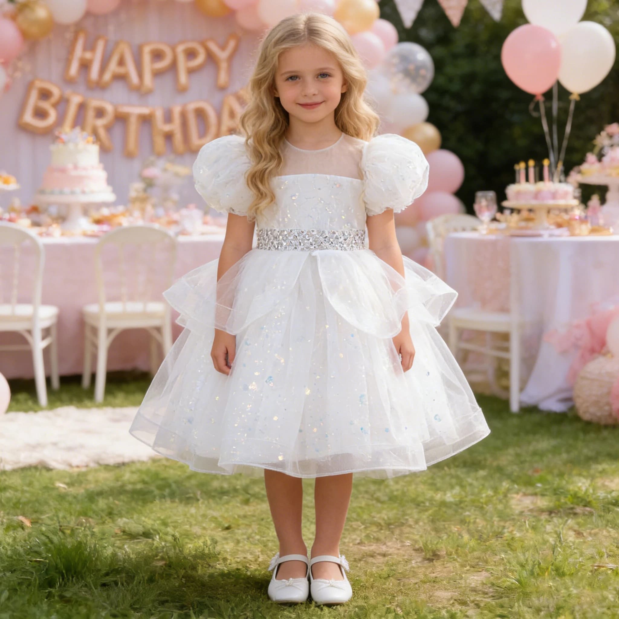Manica a sbuffo Battesimo Damigelle d'onore Party Girls Dress Eleganti paillettes Matrimonio Compleanno Abiti da ballo Ragazza Fiocco Laurea Abiti per bambini