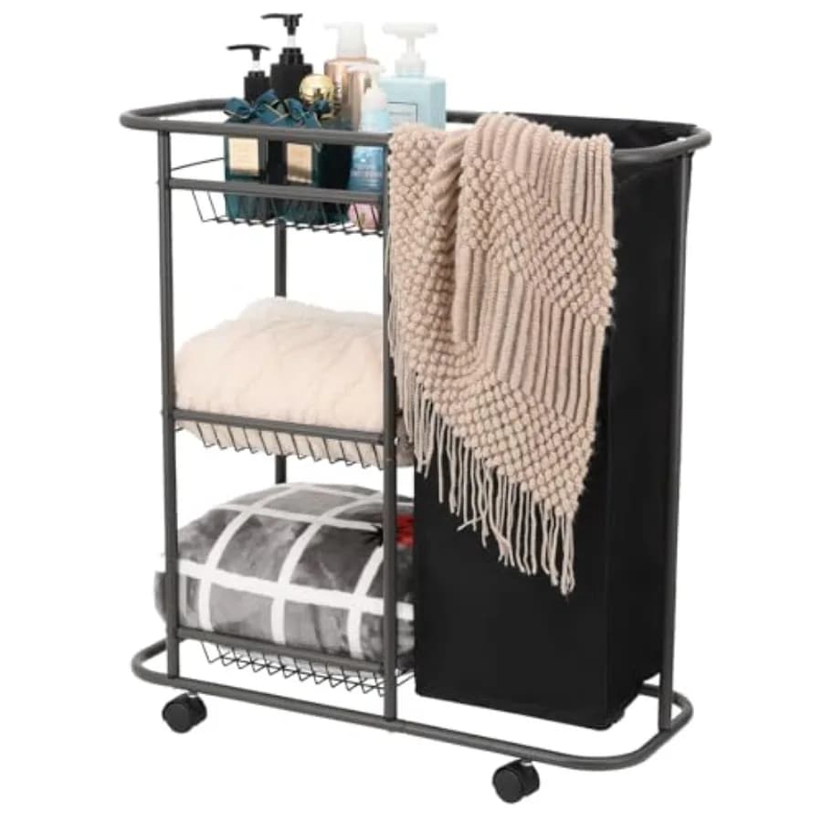 Carrello Portabiancheria con Ruote: Carrello a 3 Ripiani tra Lavatrice e Asciugatrice - Carrello Porta Carta da Regalo Resistente con Sacca da 45L