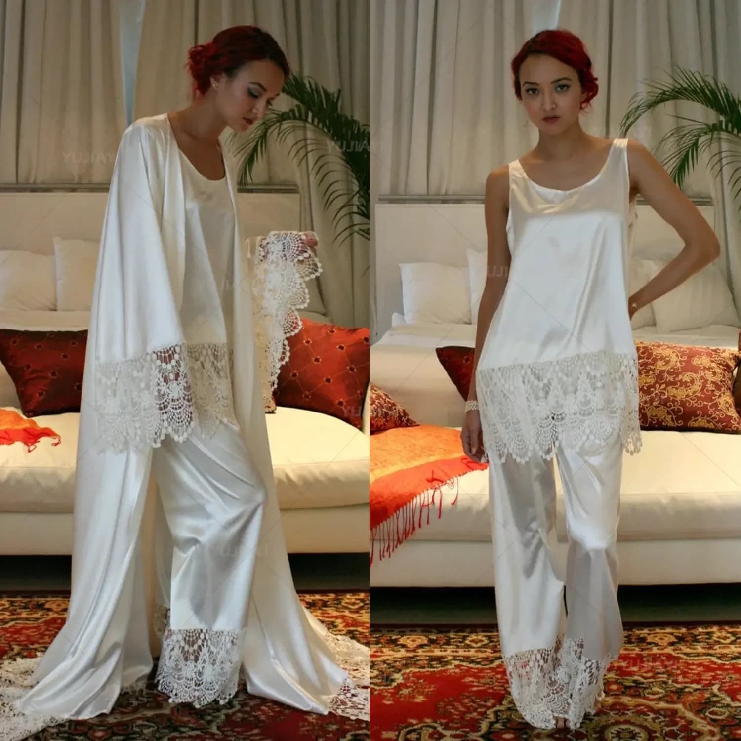 Set Pigiama da Sposa Personalizzato in Seta e Raso con Pizzo, 3 Pezzi, Completo Lingerie con Pantaloni, Abbigliamento da Notte per Matrimonio, Festa di Gala, Kimono