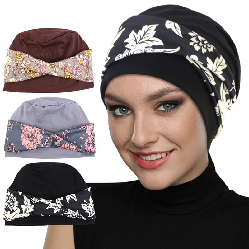 New Women Hijab Chemio Cap Twist Node Print Muslim Turbante Berretti Hood Strech Indian Headwrap Scarf Hair Loss Hat Copricapi