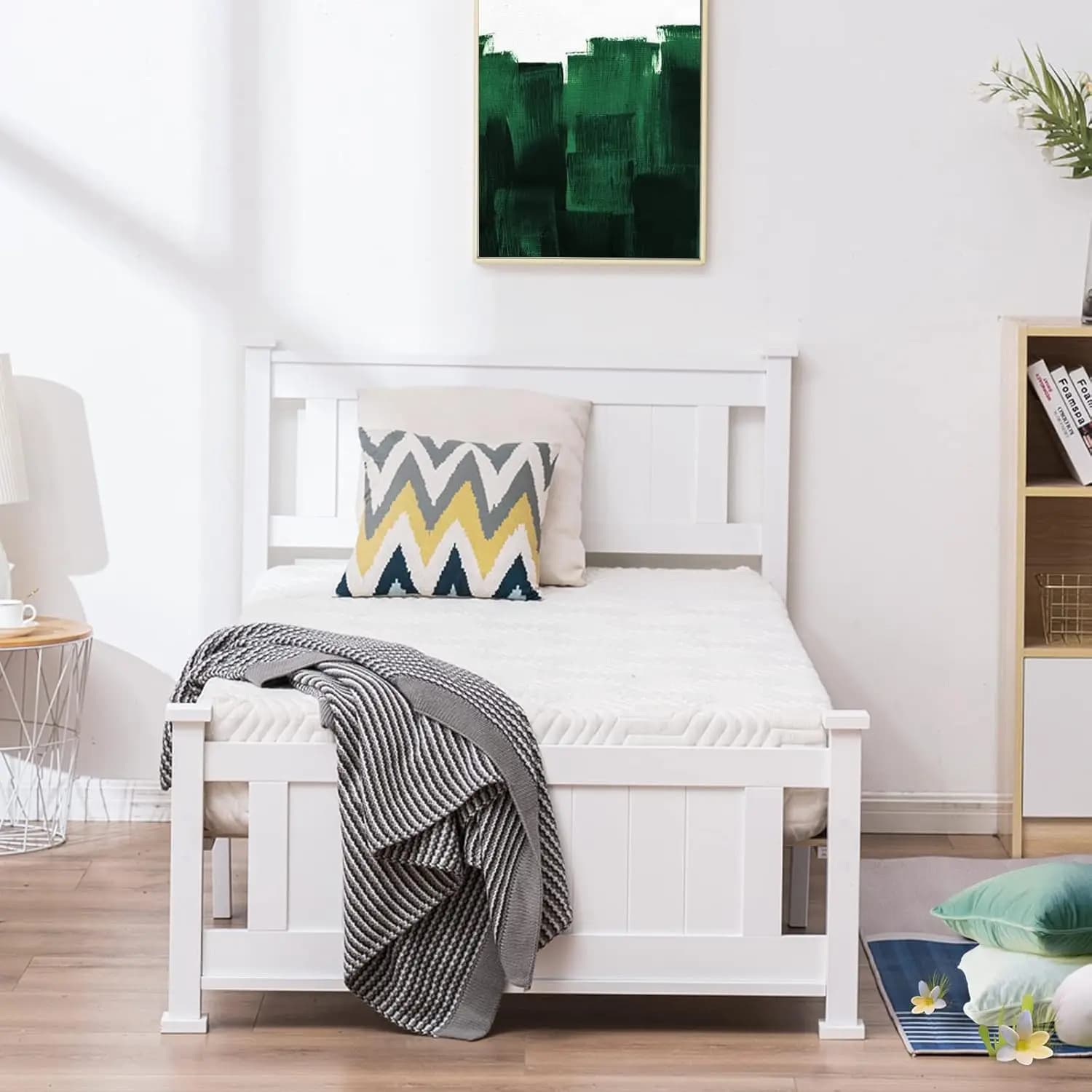 Base letto matrimoniale in legno con testiera, supporto a doghe bianco, non richiede rete a molle, per materasso singolo adulto, personalizzabile