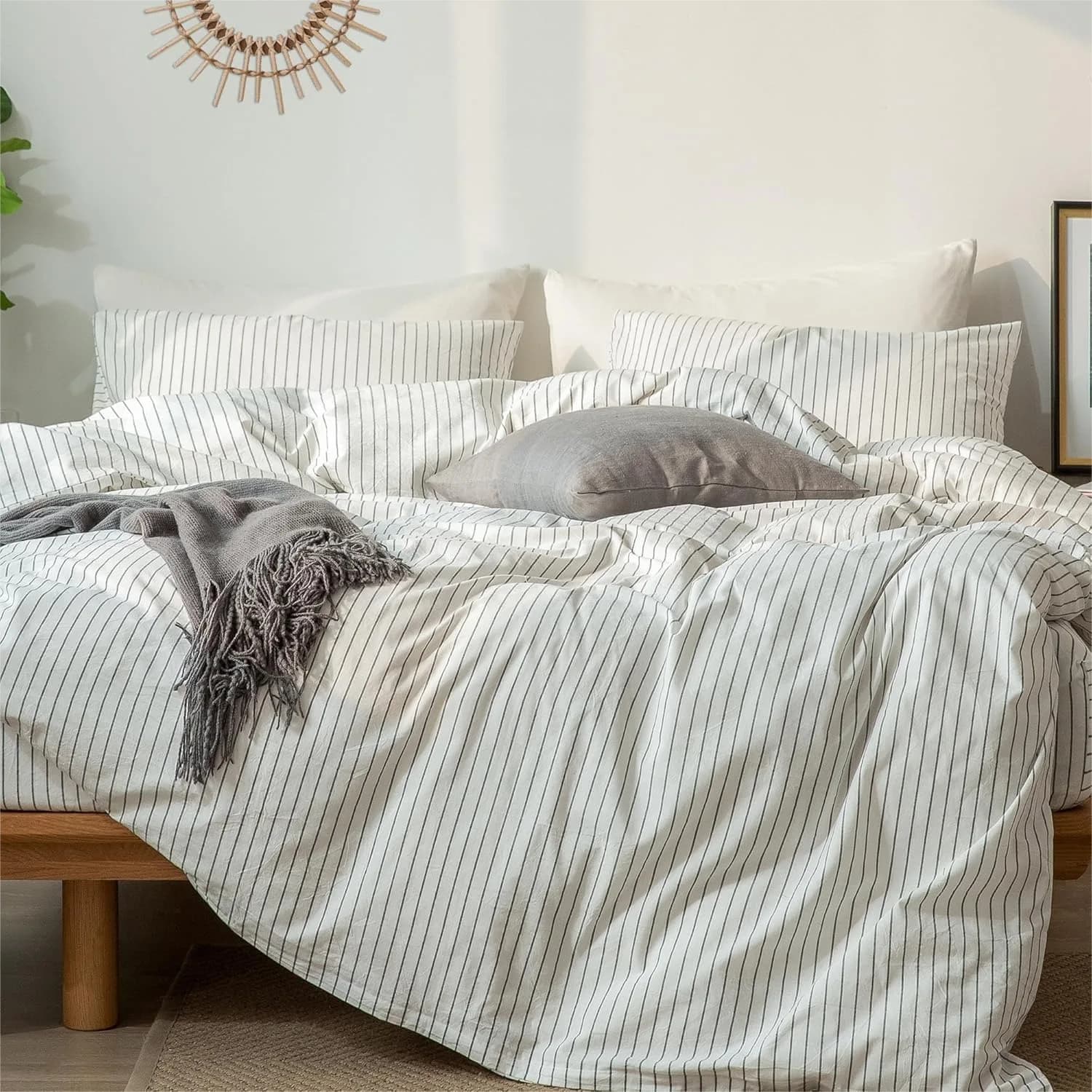 Set Copripiumino a Righe Misura Queen 100% Cotone Lavato Effetto Lino Traspirante Morbido Confortevole con Federe