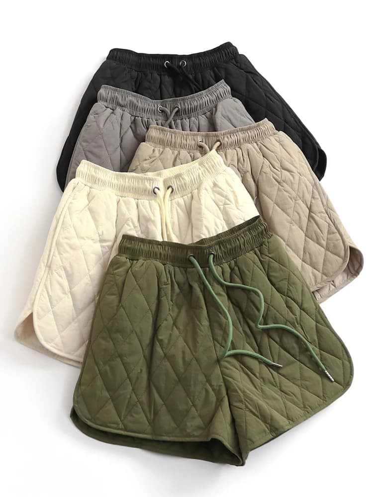 High Waist Pure Color Quilted Cotton Shorts with Belt Wide Leg Pants Autumn Winter New Style Women's Outerwear B057