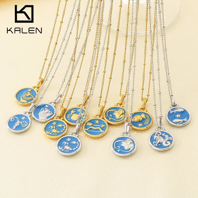 Collana con Ciondolo a Moneta Dorata con Olio Blu a Goccia 12 Segni Zodiacali, Impermeabile in Acciaio Inossidabile, Catena da 45 cm, Gioielli Moda Donna