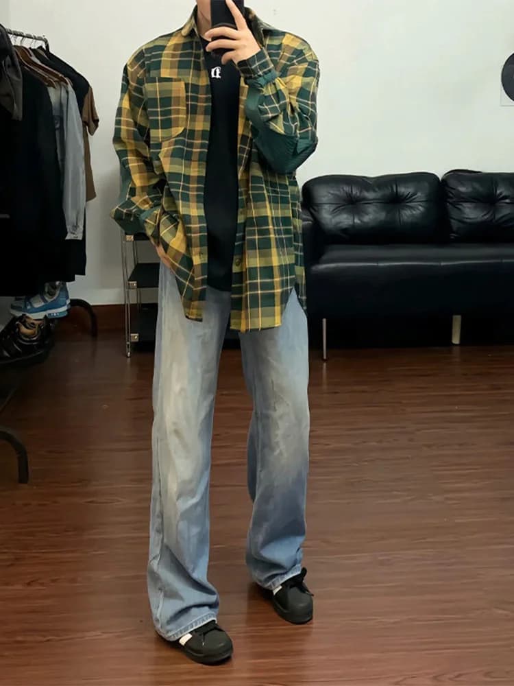 Light Blue High Waist Straight Leg Men's Jeans Trendy Brand Casual High Street Loose Wide Leg Pants Drapey Cotton Blend