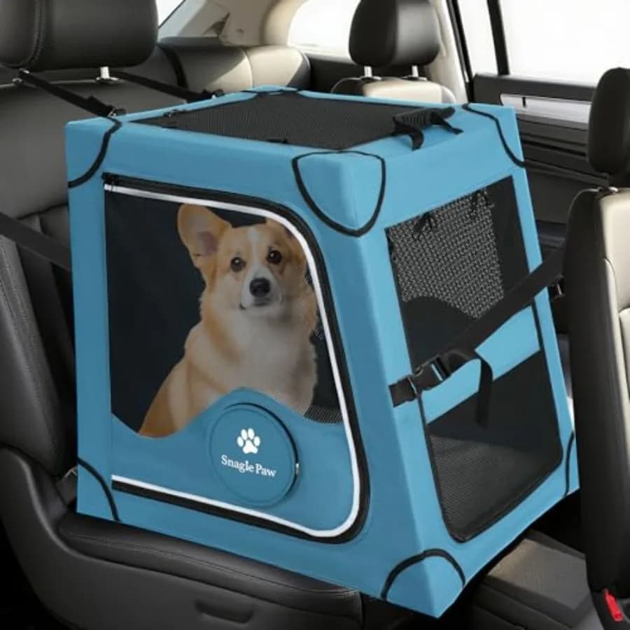 Trasportino Portatile per Cani da Auto, Gabbia in Metallo per Animali Domestici, Trasportino per Sedile Posteriore Auto con Cinghia per Poggiatesta e Cintura di Sicurezza