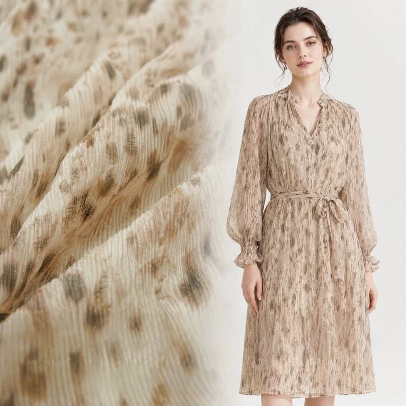 Semi-transparent, draping, light brown printed pleated textured fabric for dresses, shirts, pants, cheongsams, designer fabricsA