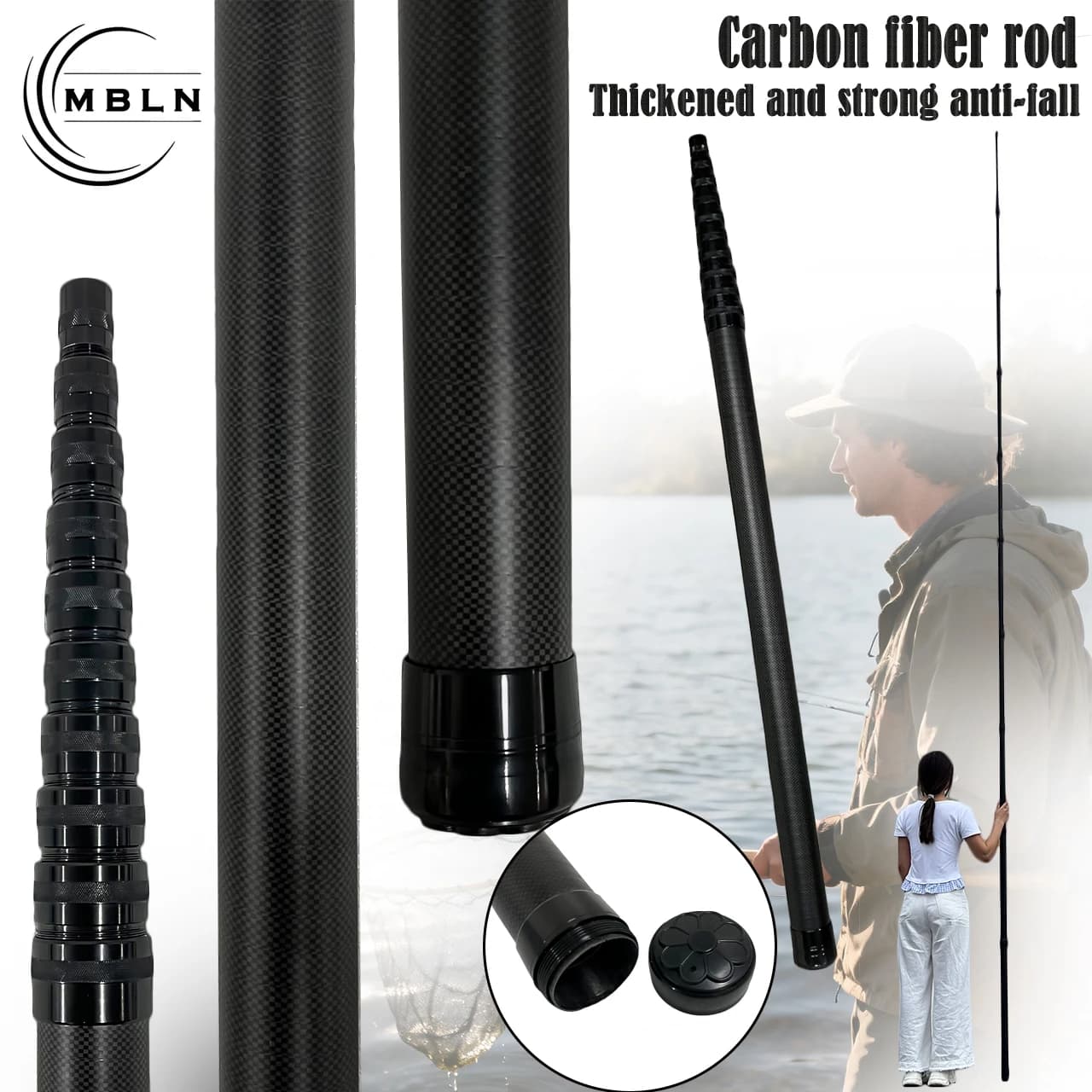 Palo di guadino telescopico in carbonio ad alta durezza da 1 pezzo, opzioni 4 m/5 m/6 m, ≤86 cm piegato, compatibile con la testa da 8 mm, strumento da pesca multiuso