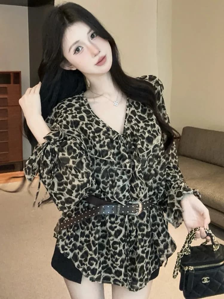 Trendy Leopard Print V-Neck Splice Loose Belted Long Sleeve Women's Shirt Spring Autumn Casual Bubble Sleeve Chiffon Top