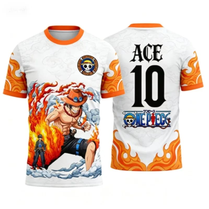 White and Orange Contrast Flame Pattern Short-sleeve Anime Character Print Mesh Breathable Sports Top