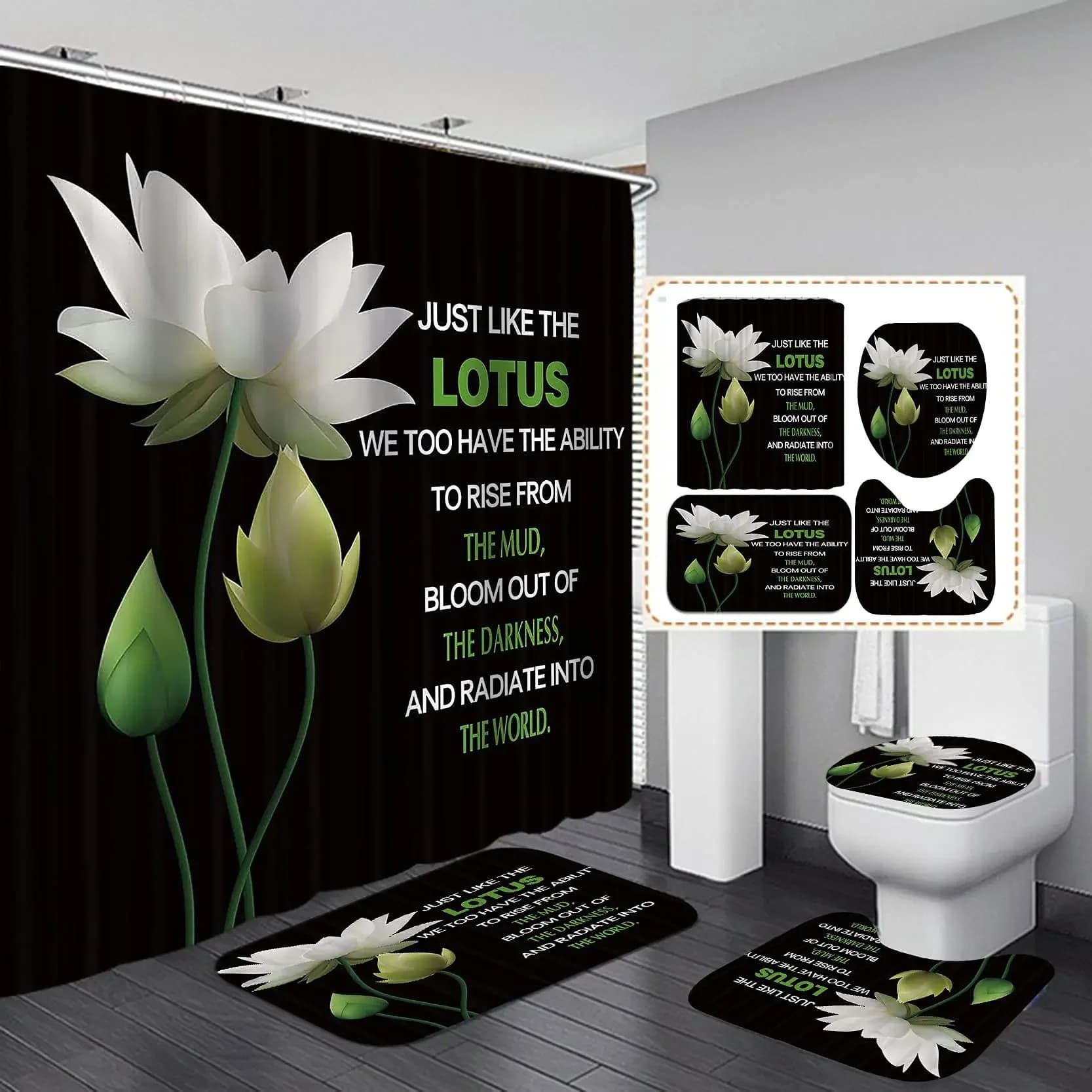 Set di tende da doccia Zen con fiore di loto magico turchese, 4 pezzi con tappeti antiscivolo, copri coperchio per WC, tappetino da bagno, set da bagno impermeabili