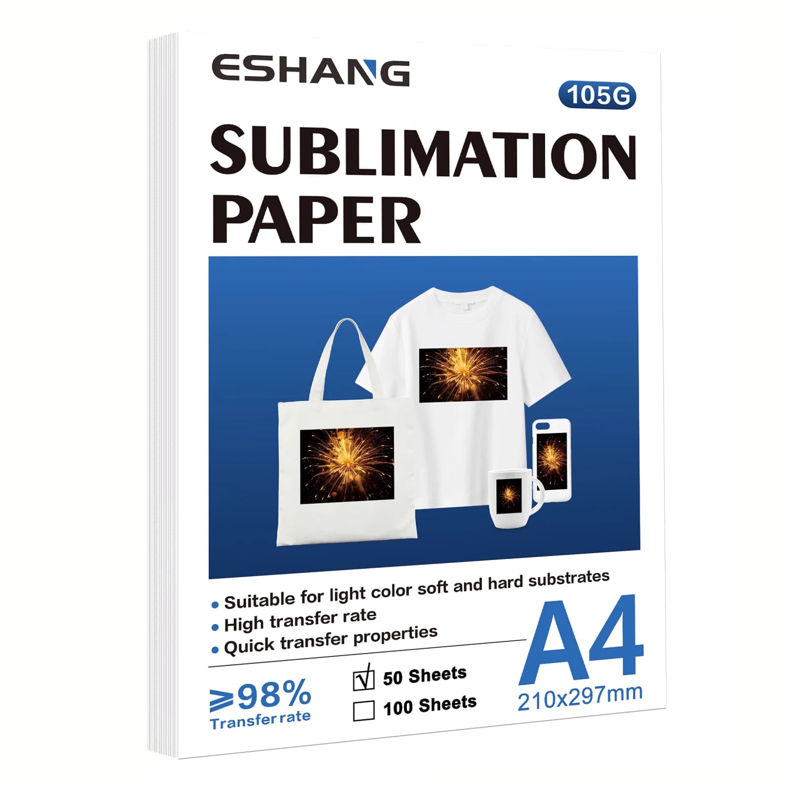 ESHANG carta per sublimazione A4 50 fogli per qualsiasi stampante a getto d'inchiostro che abbina l'inchiostro a sublimazione 105g