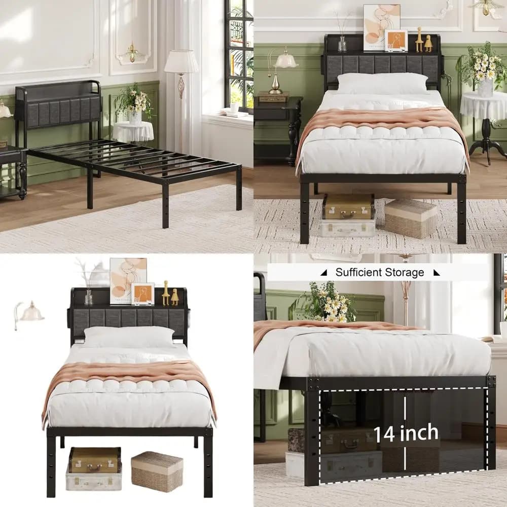 Grey double bed frame for heavy loads with padded headboard, without need of springs, easy assembly, without noise