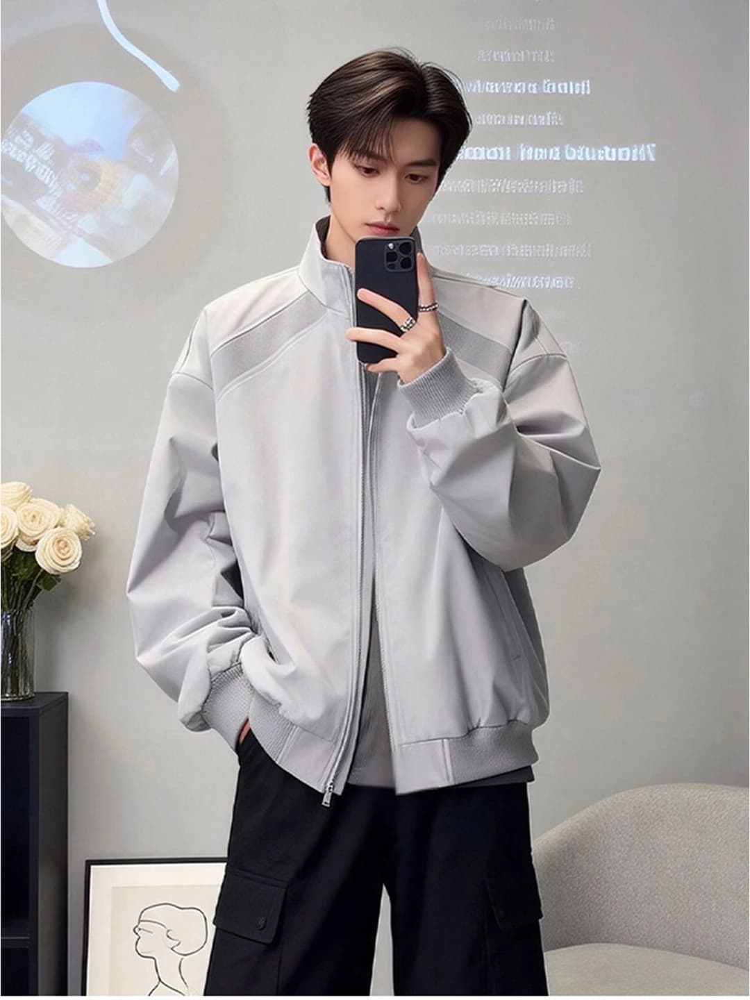 Light Grey Splice Men's Flight Jacket Spring American Three-Proof Stand Collar Short Coat Waterproof Youth Fashion Leisure Sport