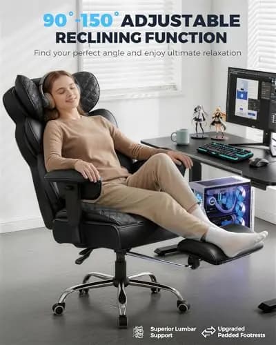 Sedia da gaming ergonomica per impieghi gravosi per utenti di statura alta e corpulenti con 90° di inclinazione ° –150 ° Reclinabile, supporto lombare regolabile, poggiapiedi imbottito e