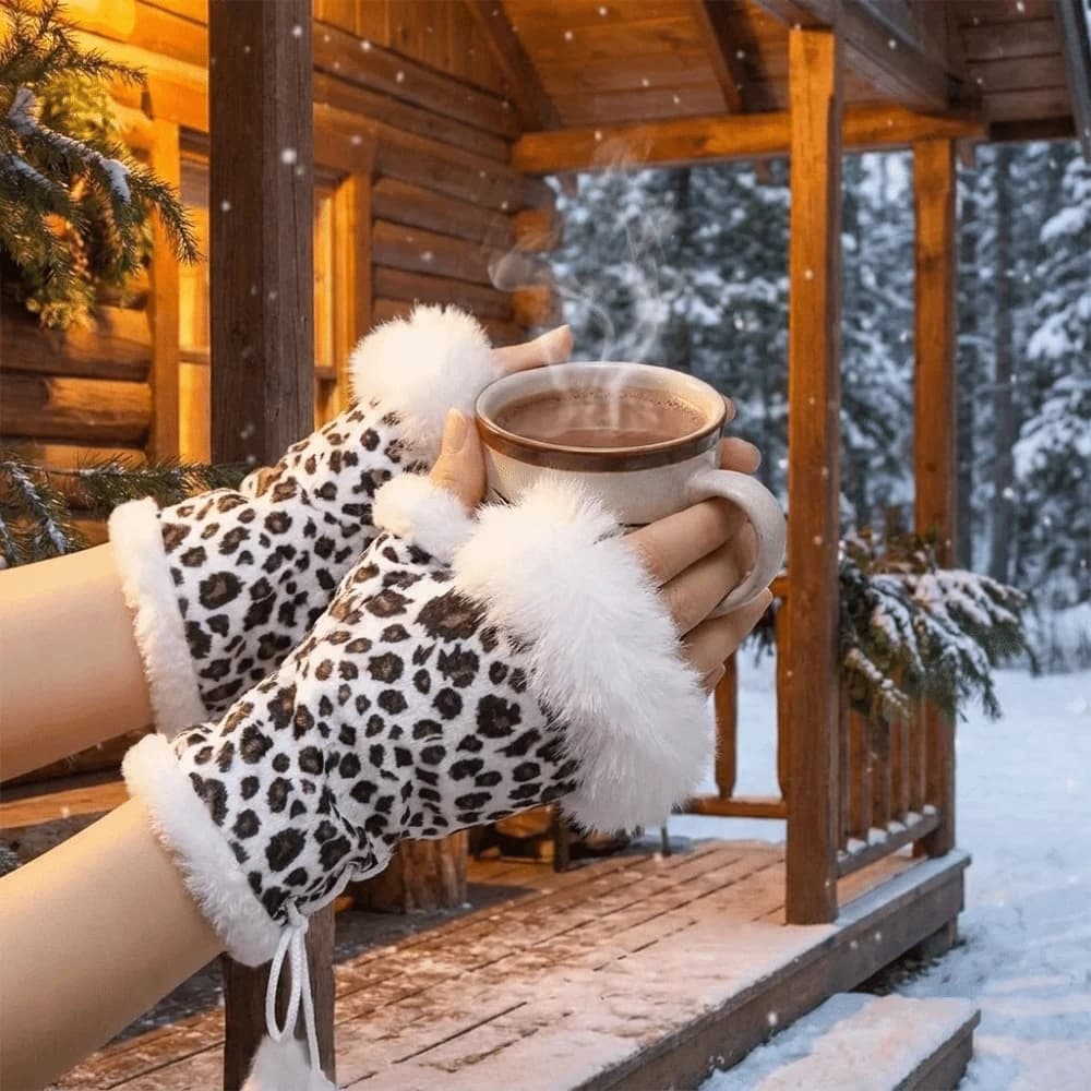 Fashion Suede Leopard Print Gloves Thicken Warm Fingerless Mittens Windproof Soft Stretch Wrist Warmers Women