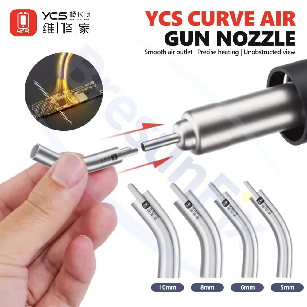 YCS Set di ugelli per pistola ad aria compressa curva 5mm/6mm/8mm/10mm per la riparazione del telefono cellulare Scheda madre Saldatura Pistola ad aria calda Strumento ugello curvo