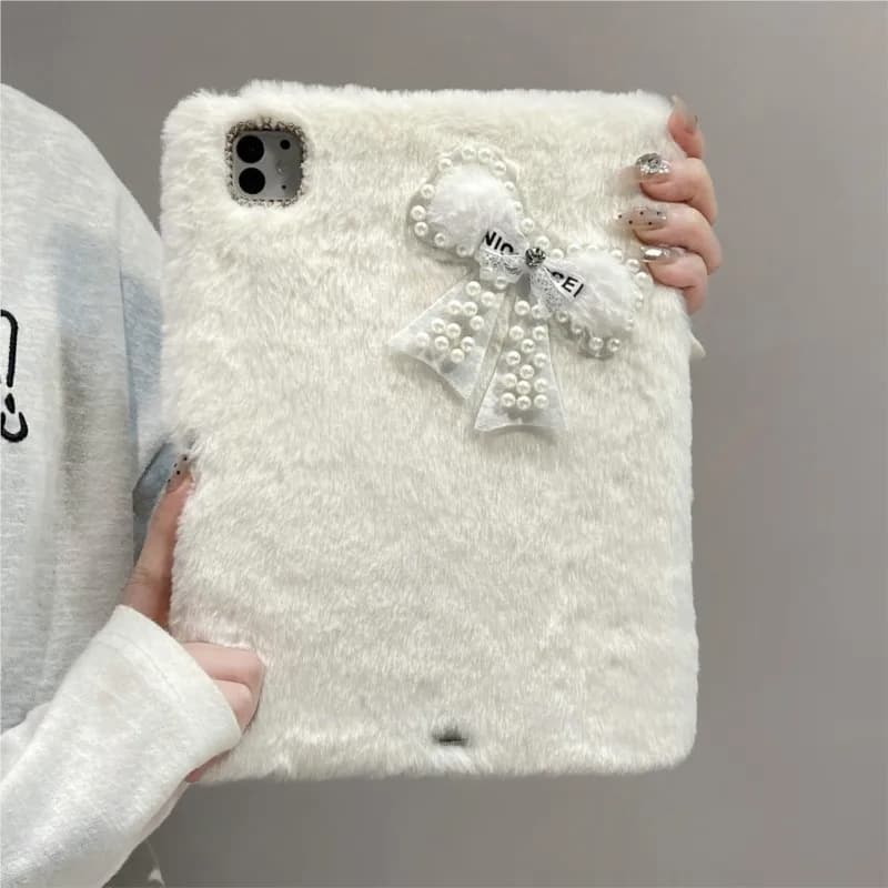 Kawaii Plush Furry Bow Pearl Tablet Case for Huawei C7 10.95 MatePad 11 2021/2022/2023 Pro11 Air 11.5 11.5S 2024/2025in Cover