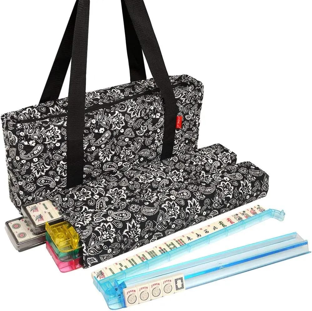 Set Mahjong Americano con Borsa Morbida Nera Paisley - 166 Tessere Avorio, 4 Supporti/Spingitori