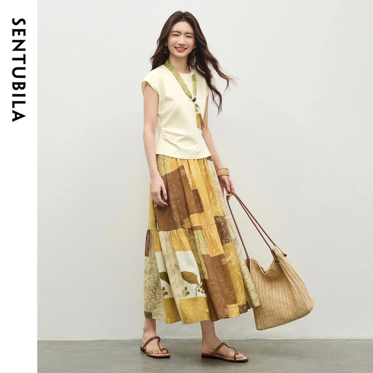 SENTUBILA Set da donna 2 pezzi con stampa vintage, sciarpa rimovibile, t-shirt slim in maglia senza maniche, gonna a trapezio stile boho, completo 162ZK6013