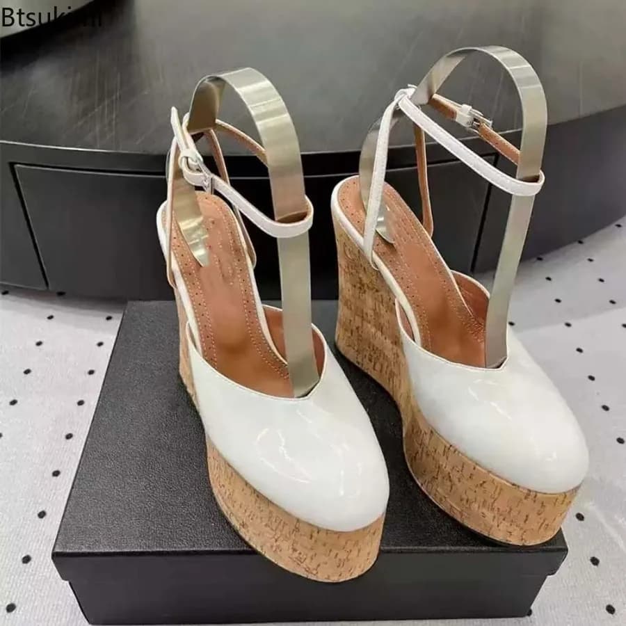 Women's Patent Leather Wedge Sandals Ankle Strap Cork Platform Round Toe High Heel Summer Party Shoes Trendy Vacation Footwear
