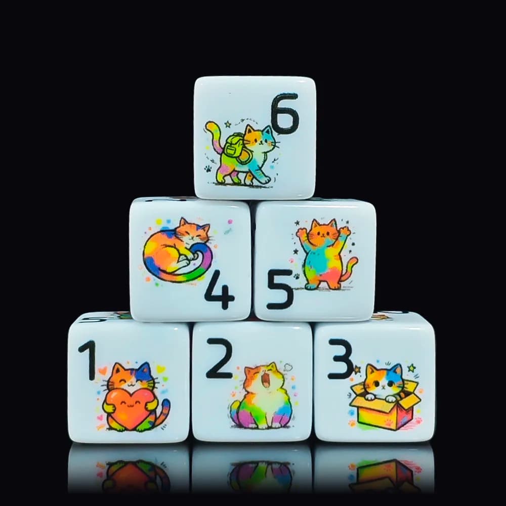 12Pcs 16MM D6 Colorful Kitten Pattern Printed White Acrylic Dice Kit For Dungeons & Dragons Board Game Fan Daily Entertainment C